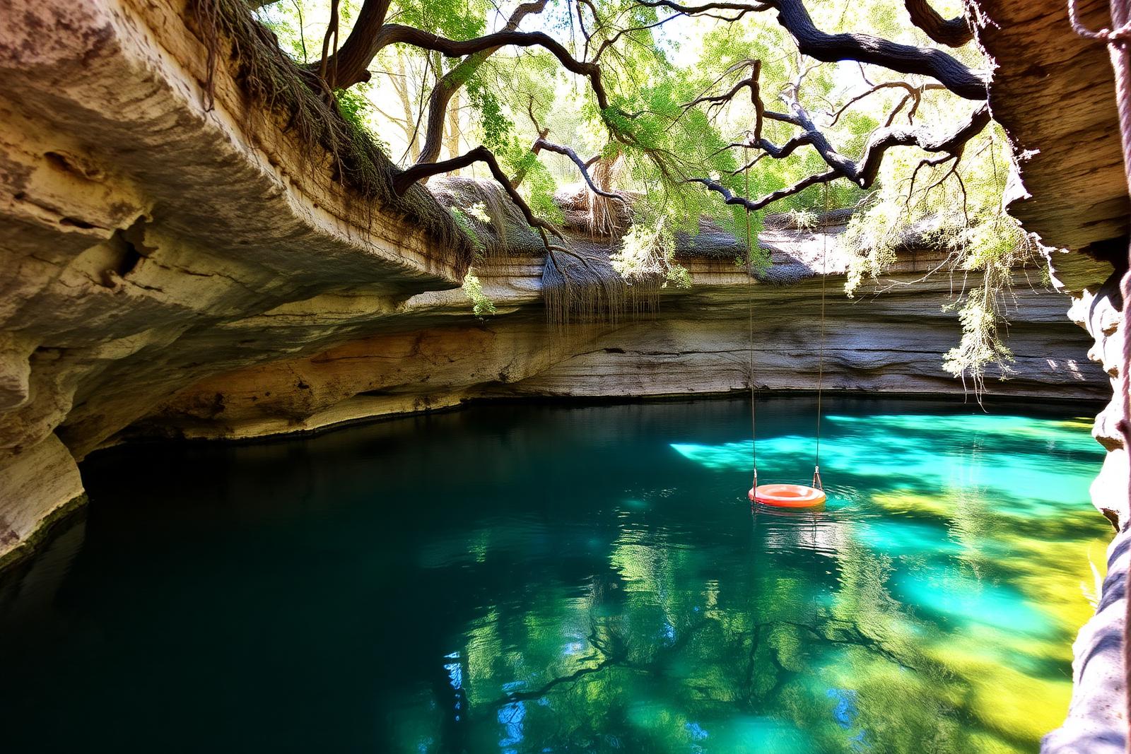 Cypress-shaded green water at Blue Hole in Wimberley, Texas