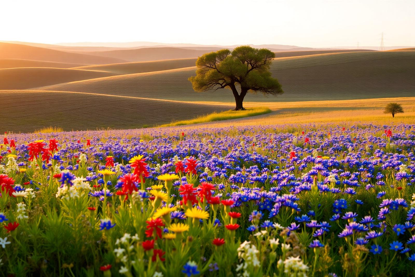A field of bluebonnets running to a fence line in spring