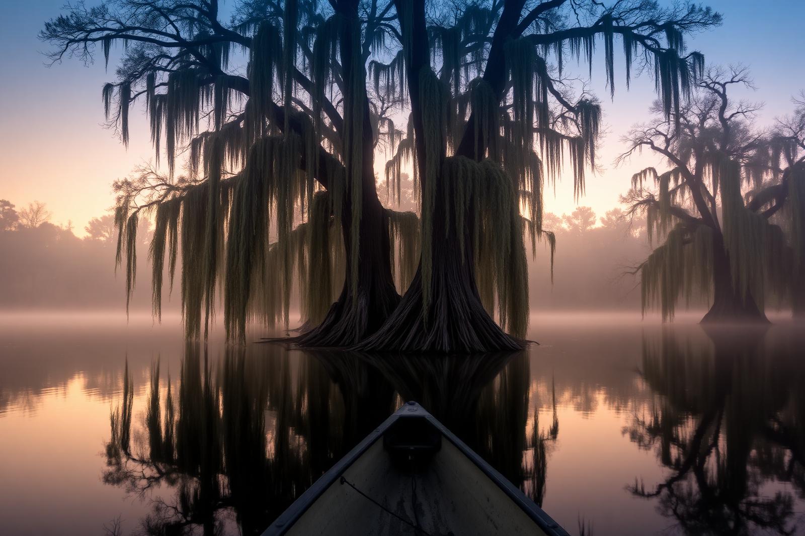 Bald cypress trees draped in Spanish moss on Caddo Lake at dawn