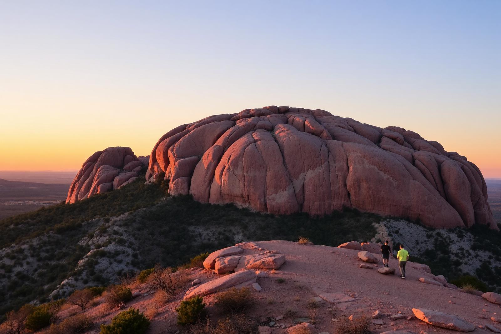 The pink granite dome of Enchanted Rock under a wide sky