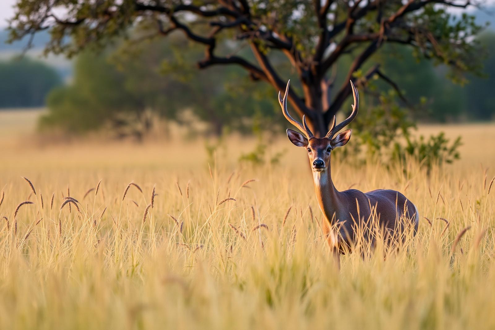 White-tailed deer at the edge of Texas brush country at dusk